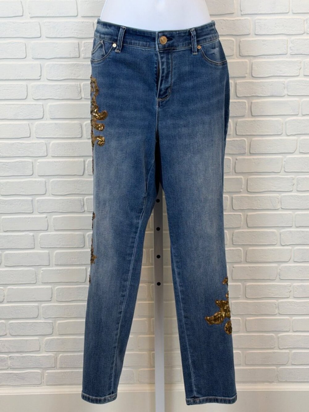 Chico's Platinum Jegging Sequin Gold Applique Jeans 1 Petite